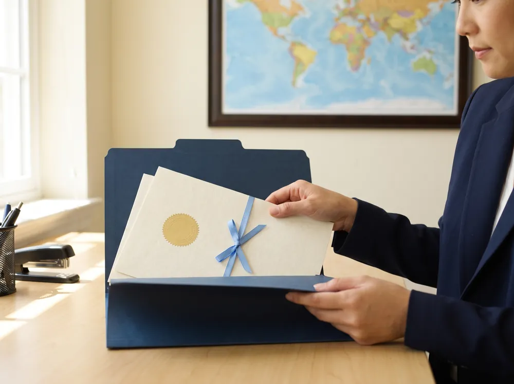 Documentos oficiales con sello dorado y listón azul dentro de una carpeta azul marino