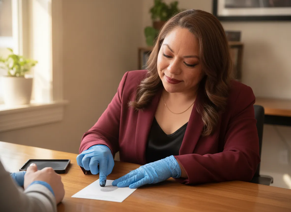 Oralia Perez rolling a client's fingerprint onto a fingerprint card