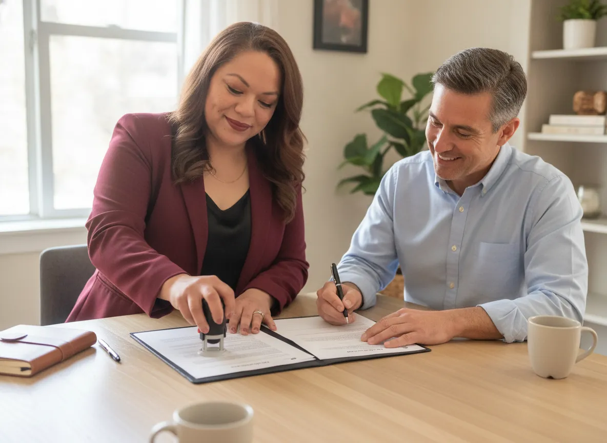 Oralia Perez notarizing a document for a client at a dining table