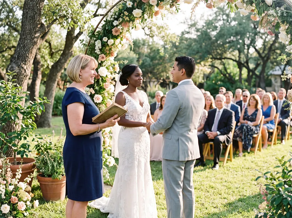 Oficiante dirigiendo una ceremonia de boda al aire libre bajo un arco de flores en un jardín de Texas